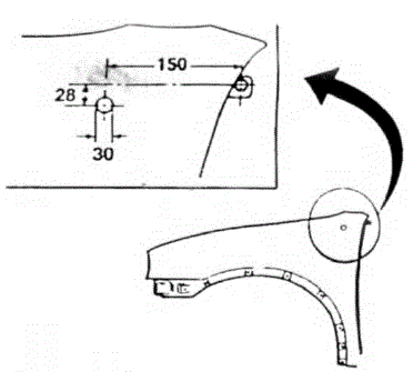 Opel Corsa. Cotes pour per^age de l'orifice de fixation de l'antenne d'aile.