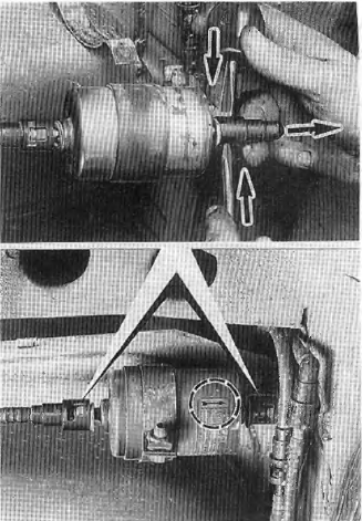 Opel Corsa. Localisation du filtre ? carburant et debranchement des canalisations. Respecter le sens de la fleche, vers le moteur