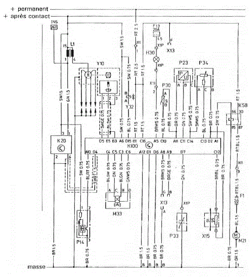 F1. Fusible - FL 3. Fusible - H30. Témoin d'alerte - K20. Module d'allumage